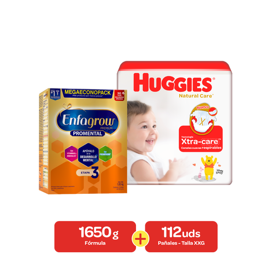 Combo Alimento lácteo Enfagrow Premium Promental Etapa 3 1650 g, Pañales Huggies Natural Care talla XXG 112 uds