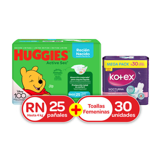 Combo: Pañales Huggies Active Sec RN 25 uds + Toallas Kotex Nocturna 30 uds