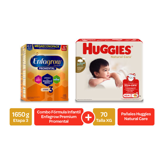 Combo Alimento lácteo Enfagrow Premium Promental Etapa 3 1650 g +  Pañales Huggies Natural CareTalla XG 70 uds