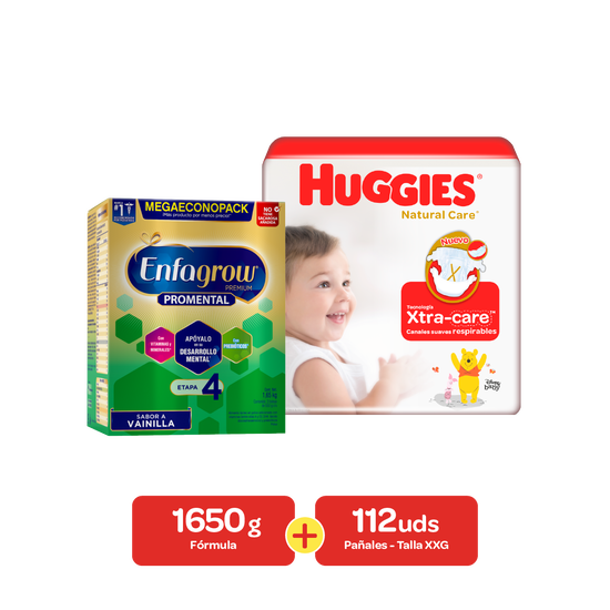 Combo Alimento lácteo Enfagrow Preescolar Vainilla etapa 4  1650g +  Pañales Huggies Natural Care Talla XXG 112 uds