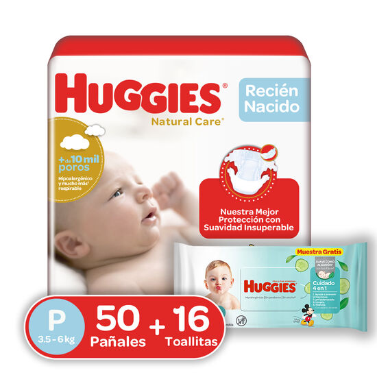 Pañales Huggies Natural Care Etapa1/P, 50uds + 16 uds Toallitas húmedas