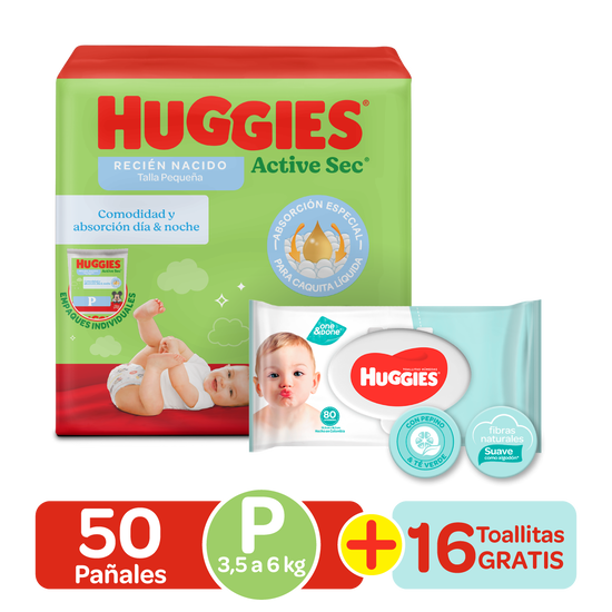 Pañales Huggies Active Sec Etapa 1/ P, 50 uds + 16uds Toallitas húmedas